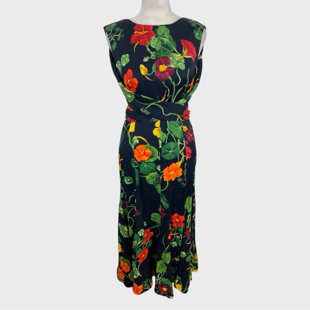 Oscar de la Renta NWT Nasturtium Black Multicolor Floral Satin Midi Dress Size 6